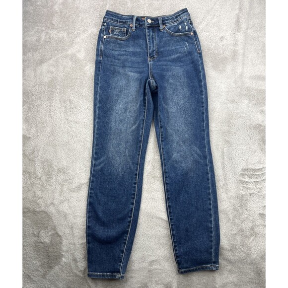 Judy Blue Denim - Judy Blue Jeans Womens 5 Blue Straight Slim Medium Wash Distressed Boho Denim